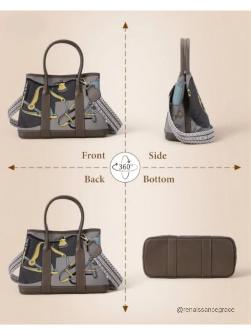 Tapestry Print Satchel Tote Handbag with Faux Leather Trim, Detachable